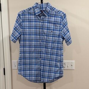 Vineyard Vines Blue and White Plaid Short-Sleeve Button-Down Shirt